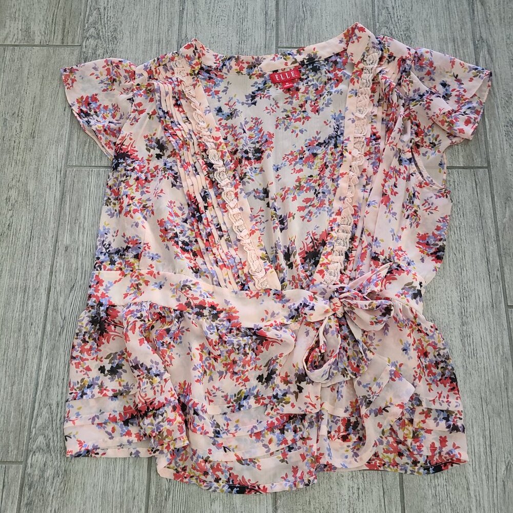 Elle women's pink floral wrap blouse v neck size XL - Picture 5 of 11